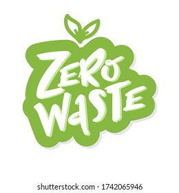 Zero waste handwritten text with green leaves isolated on black background. Zero landfill concept illustration in cartoon style. sticker