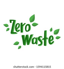 Zero waste handwritten text title sign with green eco leaves. Waste management concept isolated illustration on white background
