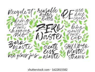 Zero waste handwritten vector letterings set with leaves. Reduce, reuse, recycle, say no to plastic, create less waste. Nature protection, pollution reduce movement quotes isolated on white