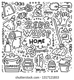 Zero waste Home concept. Black and white doodle style illustration with organic objects for cleaning. Eco style