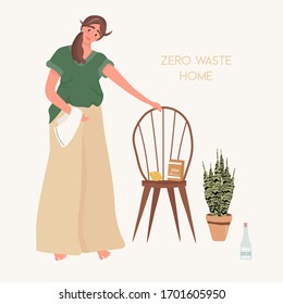 Zero waste home. Eco-friendly and easy to clean. Homemade cleaning products. Vinegar, lemon and soda in the cleaning. Nice vector flat illustration in cartoon style.