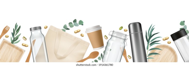 Zero waste horizontal realistic poster with cup and spoon vector illustration