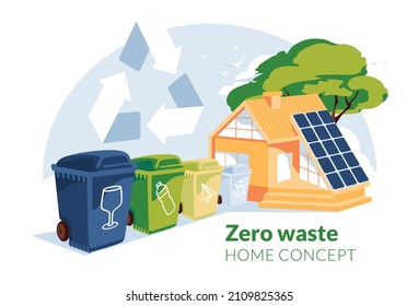zero waste house concept. Green energy and recycling. Garbage sorting. Solar panel on the house roof. Flat vector illustration