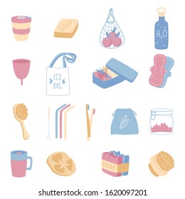 Zero waste household goods set. Bathroom and kitchen objects, shopping bags. Vector illustration. 