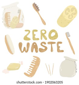 Zero waste hygiene elements set. Eco friendly design with recyclable and reusable products. Zero waste lifestyle icon for hygiene. No plastic. Cartoon doodle style.