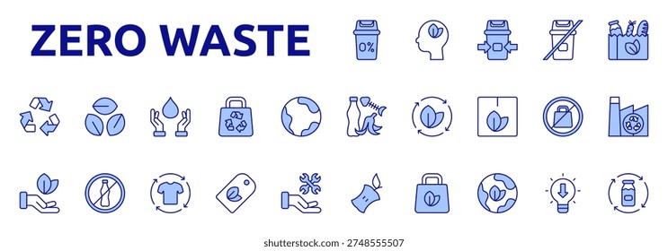 Zero Waste icon color lineal style with eco thinking, waste sorting, no waste, eco groceries, organic waste, sustainability icons
