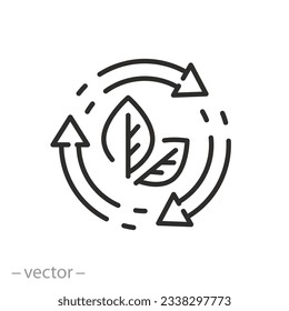 zero waste icon, eco label, leaves in rotating arrows, organic recycling, thin line symbol - editable stroke vector illustration