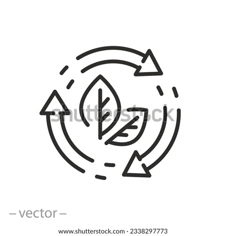 zero waste icon, eco label, leaves in rotating arrows, organic recycling, thin line symbol - editable stroke vector illustration