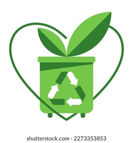  Zero waste icon - green trash can with reusable garbage and recycling symbol