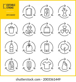 Zero waste icon set. Editable stroke vector illustration. Refuse Reduce Reuse Recycle Rot concept.