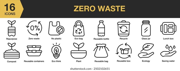 Zero Waste icon set. Includes Compost, Eco bag, Repurpose, Reusable box, Saving water, and More. Outline icons vector collection.