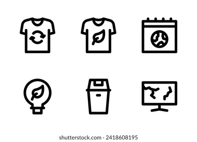 Zero waste icon set including clothes recycling, organic t-shirt, earth day, green energy, trash can, and electronic waste.