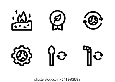 Zero waste icon set including incineration, badge, sustainability, process, cutlery, and straw.