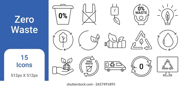 Zero waste icon set showing reuse, recycling, composting, and sustainable habits. Perfect for eco apps, green packaging, infographics, and environmental campaigns.
