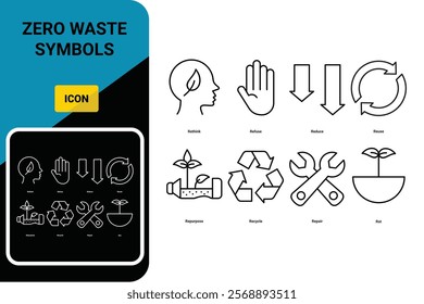 Zero Waste icon set. Symbols of Rethink, Refuse, Reduce, Reuse, Repurpose, Recycle, Repair and Rot. Ecology sign collection