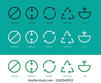 Zero waste icons. Ecology vector. Reuse Reduce Recycle Rot Refuse.  Conscious consumption. Uses of 3 color usage. Black white Green in color