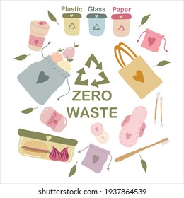 Zero waste iilustration, eco bags, no plastic, own cup, recycle and other