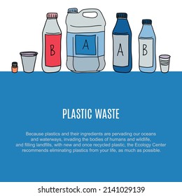 Zero waste illustration design layout. Plastic hand drawn set, eco chemical elements for design with bootle, canister, cup and other. 