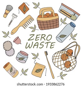 Ilustración de basura cero. Colección ecológica. Conjunto de artículos de basura cero.