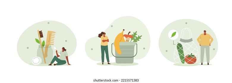 Zero waste illustration set. Characters using cotton crochet bag and other plastic free items. People separating organic waste and reducing negative effects of climate. Vector illustration.