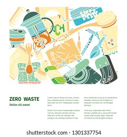 Zero waste illustration with text. Sustainable beauty, kitchen and household items. Ecohome.