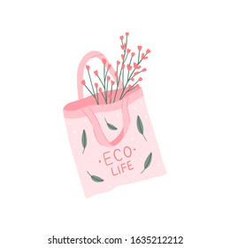 Zero waste illustration tote bag with flowers for print, sticker. Eco life illustration.