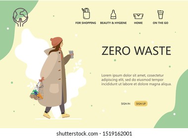 Zero waste internet shop concept.  Landing page template. Web banner.  Girl with string bag with vegetables. Eco life. Flat cartoon.