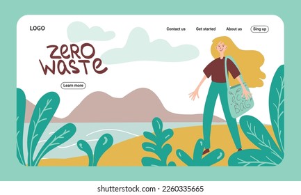 Zero waste internet shop concept. Landing page template. Web banner. Girl with eusable bag. Eco life. Flat cartoon