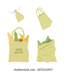 Zero waste isolated eco bags set. Paper bag, tote bag, fabric bag and a pouch. Say no to plastic image concept.