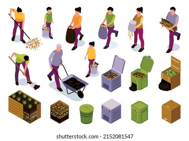 Zero waste isometric colored design concept set of gardeners participating in process of waste composting isolated vector illustration