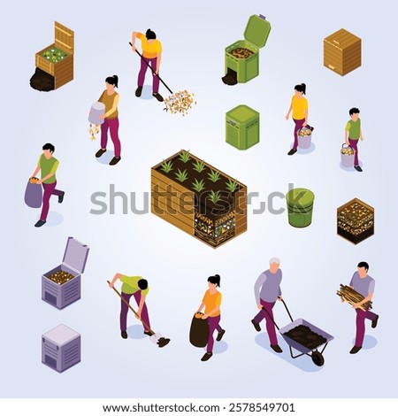 Zero waste isometric colored design concept set of gardeners participating in process of waste composting isolated vector illustration