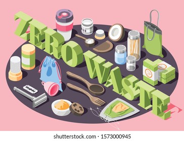 Zero waste isometric composition with eco friendly bags cosmetics cutlery personal things 3d vector illustration