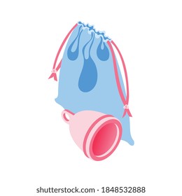 Composición isométrica cero de residuos con íconos de productos médicos de vasos para la recolección de ilustraciones de vectores de sangre menstrual