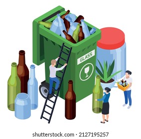 Zero waste isometric concept with small people characters near large green plastic bin filled with glass bottles vector illustration