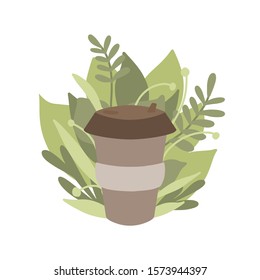 Zero waste items with green leaves. Flat illustration of bamboo coffee cup with foliage. The object is separate from the background. Vector element for greeting card, banner and your creativity.