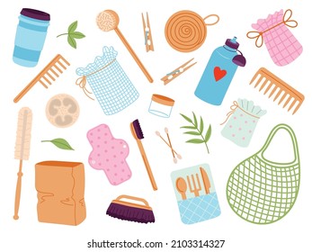 Zero waste items. Reusable container, wood brushes and wasted plastic products. Eco shopping bags, bottles and hygiene accessories decent vector icons