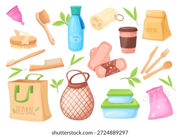 Cero desperdicios. Productos reutilizables, Elementos de la naturaleza utensilios de cocina cepillo de madera estilo de vida ecológico producto biodegradable basura de plástico, juego de dibujos animados Ilustración vectorial limpia