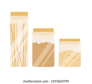 Zero waste jars. Glass storage containers, eco friendly kitchen items vector illustration