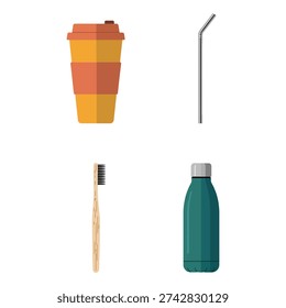 Zero waste kit vector with travel cup, metal straw, bamboo toothbrush and water bottle, sustainable lifestyle icons, reusable essentials design