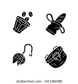 Zero waste kitchen accessories glyph icons set. Silhouette symbols. Reusable coffee filter, tea infuser. Canvas bread bag, metal food container. Vector isolated illustration