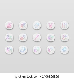 Zero waste kitchen app icons set. Reusable cutlery, storage containers. Recyclable bags, household utensils. UI/UX user interface. Web or mobile applications. Vector isolated illustrations