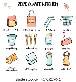 Zero Waste kitchen big set. Hand drawn items. Plastic free essentials