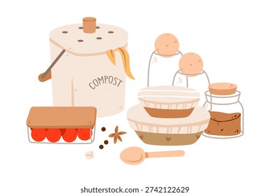 Zero Waste Kitchen and Compost Illustration Set. Eco friendly kitchen illustration featuring compost bin, reusable containers, glass jars, fresh produce, and sustainable zero waste lifestyle items.