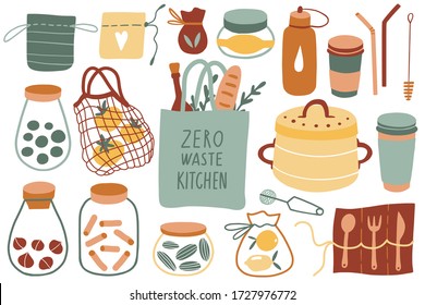 Zero waste kitchen. Cute eco lifestyle elements. Hand drawn illustration. Flat vector set of reusable products: glass jar, grocery bags, thermo mug, composter. Go green, no plastic, save the planet