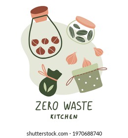 Zero waste kitchen. Cute eco lifestyle elements. Hand drawn illustration. Flat vector set of reusable glass jars, grocery bags. Go green, no plastic, save the planet. Card, poster with lettering