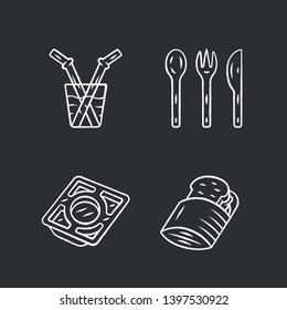 Zero waste kitchen cutlery chalk icons set. Reusable sandwich bag, glass drinking straw. Stainless steel tray. Isolated vector chalkboard illustrations