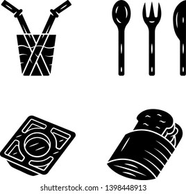 Zero waste kitchen cutlery glyph icons set. Reusable sandwich bag, glass drinking straw. Stainless steel tray. Silhouette symbols. Vector isolated illustration