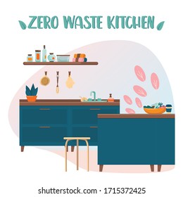 Zero waste kitchen. Eco elements for people who care about ecology. Eco friendly supplies for cooking and eating. Isolated vector illustration