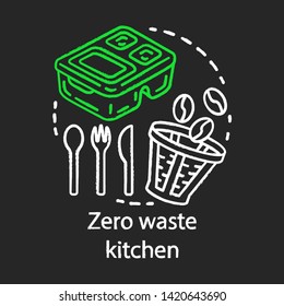Zero waste kitchen and eco, friendly lifestyle, organic waste management chalk concept icon. Reusable coffee filter, cutlery, food container idea. Vector isolated chalkboard illustration