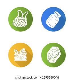 Zero waste kitchen flat long shadow glyph icon set. Textile produce bag, mesh tote. Recyclable beeswax food wrap. Refillable spices container, mason jar. Vector silhouette illustration